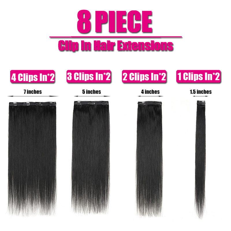 Extensions de cheveux humains à clipser sans couture, noir, 100% cheveux humains naturels, 120g, 8 pièces
