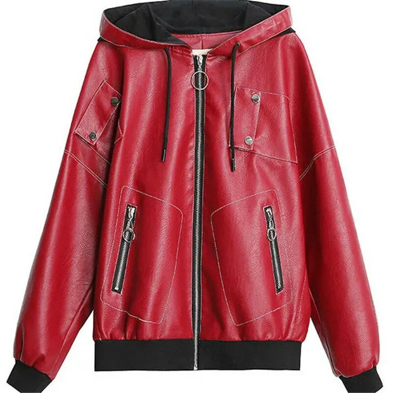 2023 New Autumn Winter Loose Short Leather Jacket Women Fashion Plus Velvet Padded Jackets Outwear Zipper Pocket Leather Coat