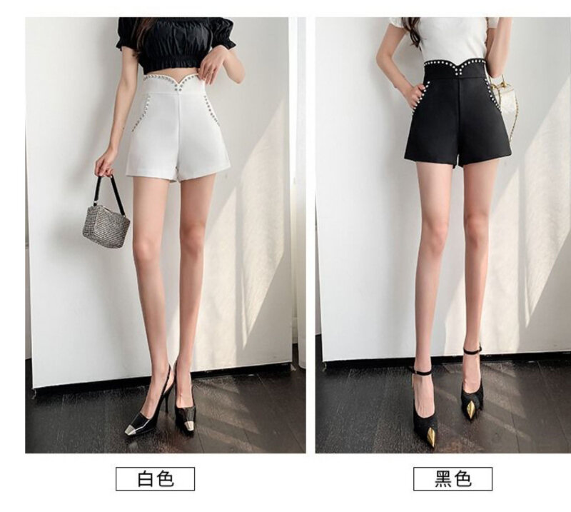 2024 летние модные женские шорты со стразами в Корейском стиле, белые и черные шорты, женские облегающие широкие шорты с завышенной талией