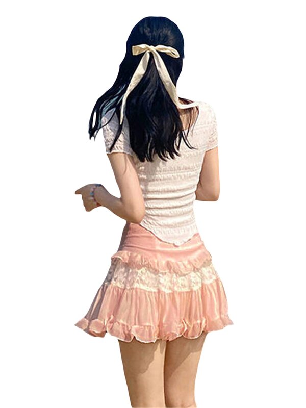 Women Y2k Lace Ruffle Mini Skirt Elastic Waist Layered Flared Pleated A-line Skirts Swing Beach Short Skirt