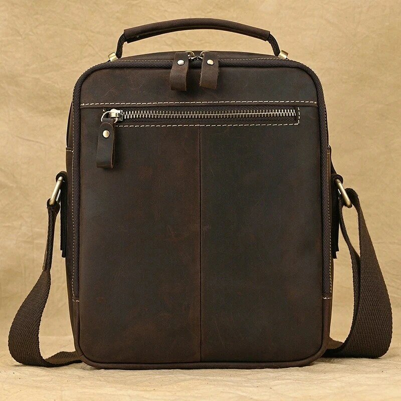 Luufan Genuine Leather Men's Shoulder Bag Vintage Crazy Horse Skin Double Zipper Pocket Flap Messenger Bag Man Daily Handbag
