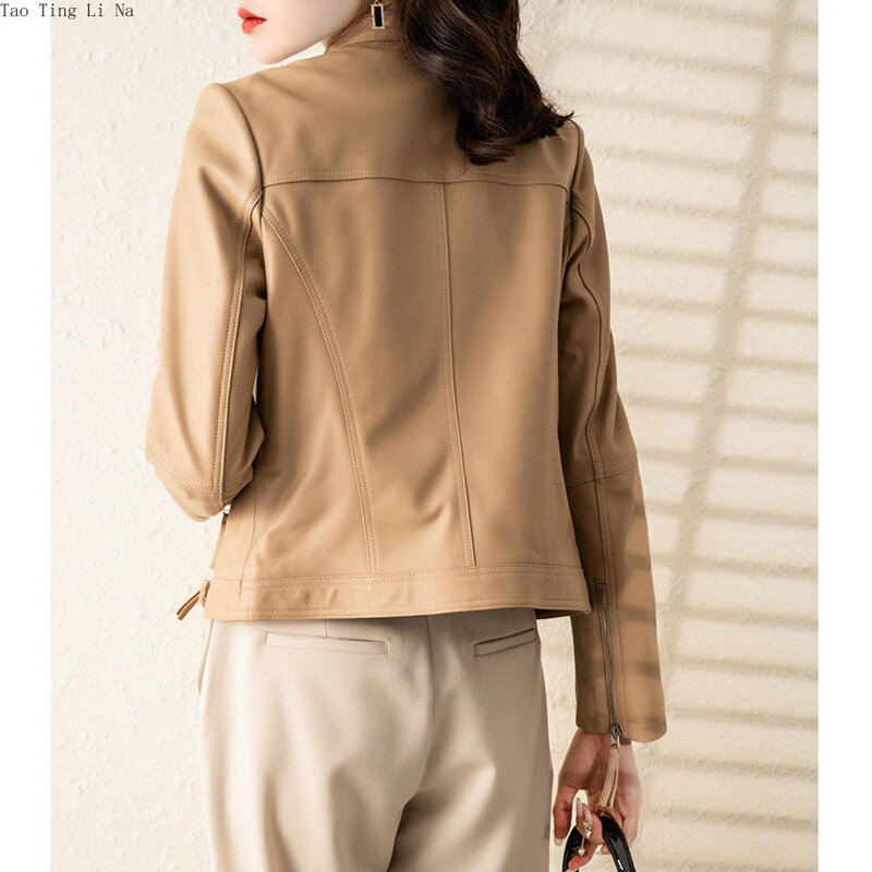 2023 Women Fashion Genuine Leather Sheepo Jacket  Khaki Locomotive Real Sheepskin Leather Coat S4