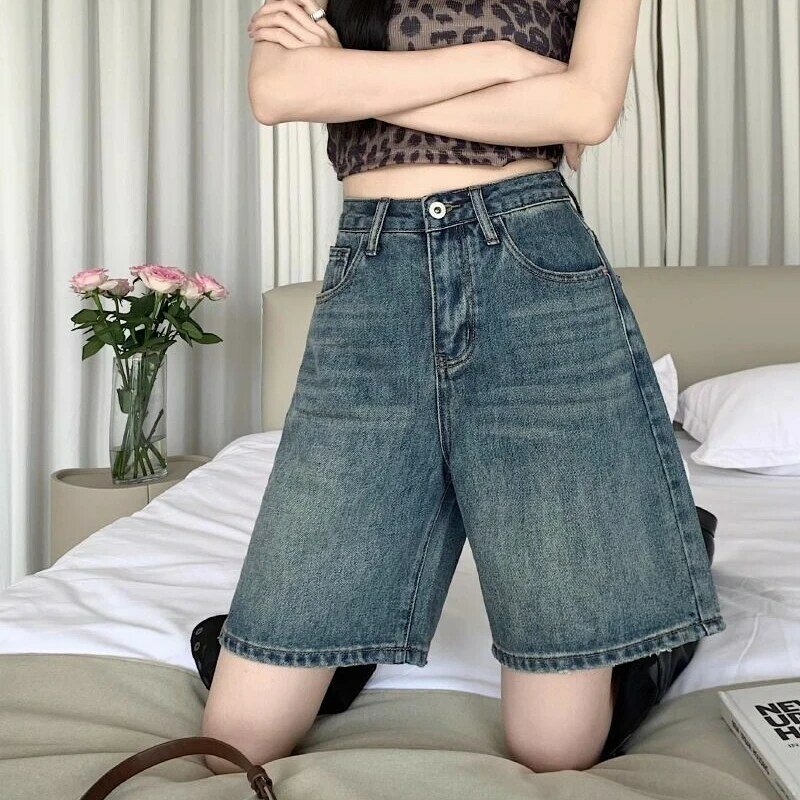 Jeansowe spodenki Vintage luźny krój z wysokim stanem w trudnej sytuacji Ins stylowe słodkie pikantne dziewczyny pasujące do w stylu Casual, letnia Streetwear Y2k