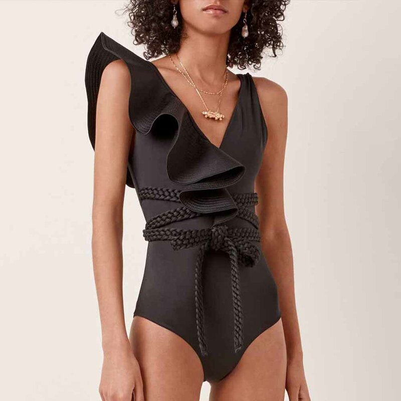 Neue Plus Size Bade bekleidung Frauen Luxus sexy einteilige Badeanzüge Deep-V Micro Bikini Schulter solide gekräuselte Strand Badeanzug