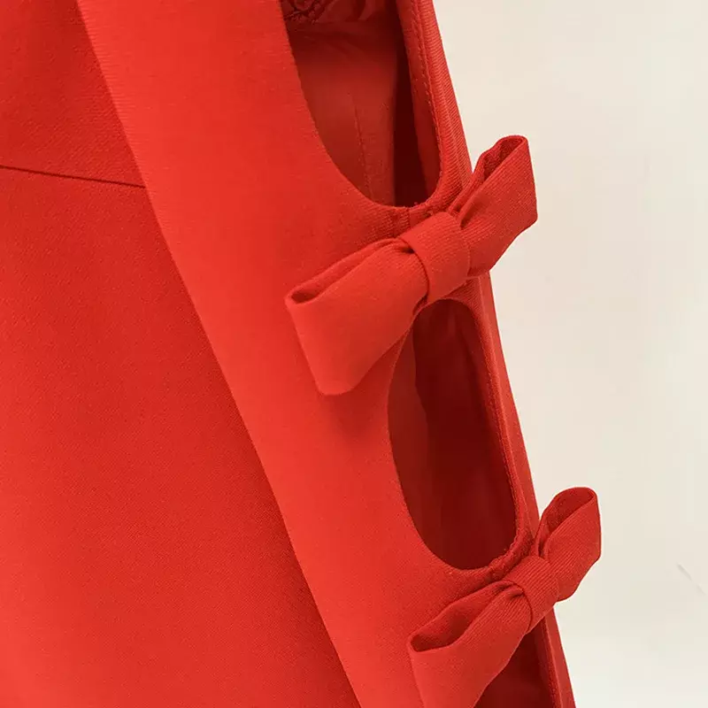 Conjunto de trajes con lazo rojo para mujer, ahuecados chaqueta y pantalones, ropa de trabajo de negocios para mujer, esmoquin de boda de diseñador, vestido de graduación, Sexy, 2 piezas