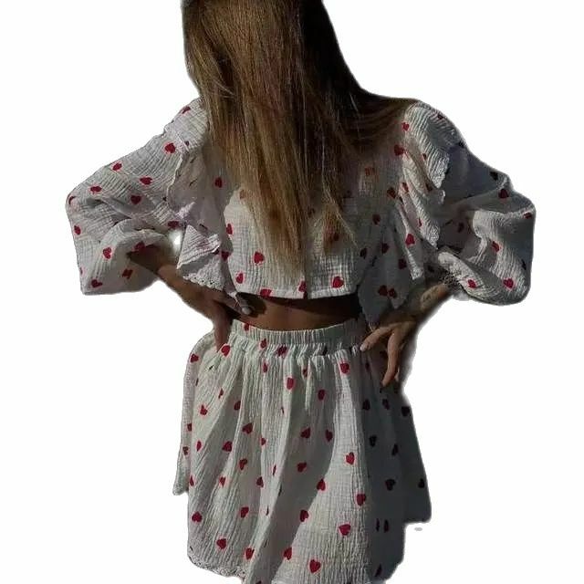 Fashion Cotton Linen Ruffle Shirt Skirt Two Piece Set For Women Summer Home Heart Pattern Long Sleeve Blouse Skirt