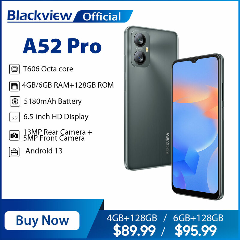 Blackview A52โปรสมาร์ทโฟนแอนดรอยด์13 6.5นิ้วโทรศัพท์มือถือ6GB 128GB OCTA core โทรศัพท์มือถือ5180mAh 13MP กล้องหลังคู่4G