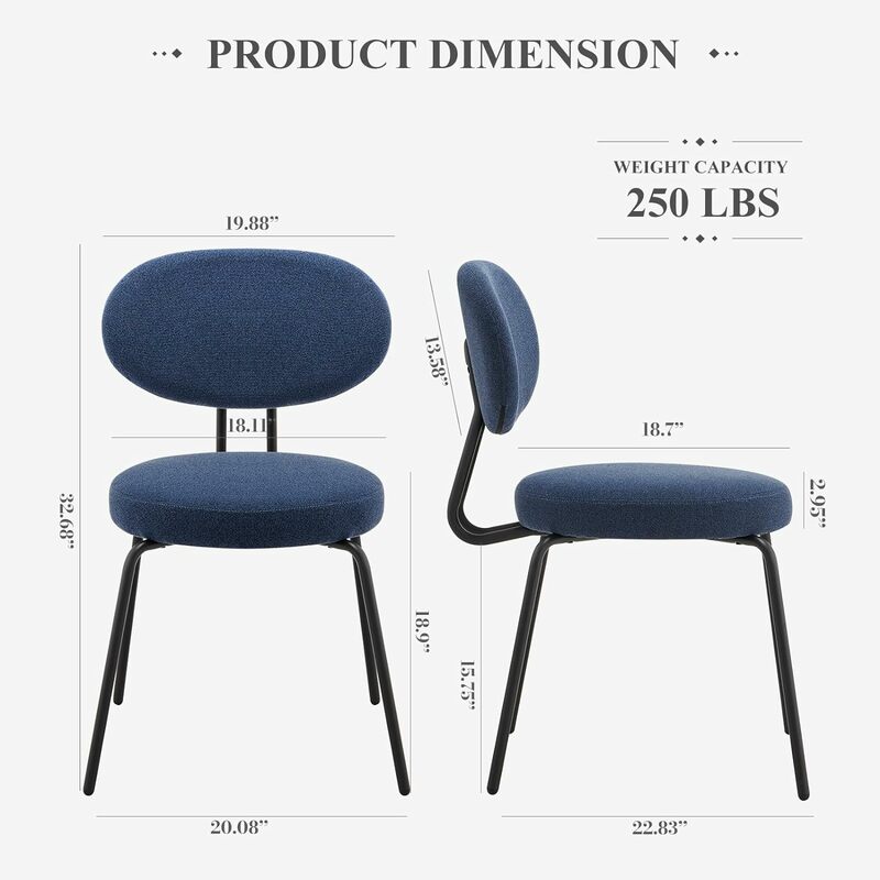 Kursi Makan kain Modern Set 2 kursi dapur ruang makan berlapis kain dengan sandaran melengkung, kursi bulat, biru