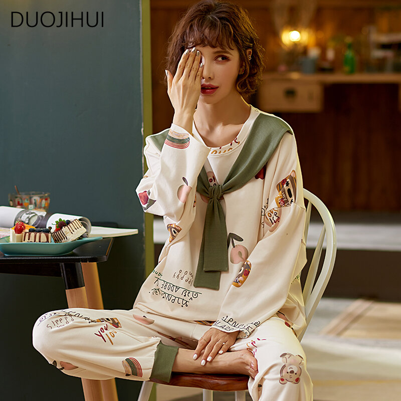 Duojihui-女性のためのツーピースのプリントパジャマ、カジュアルなパジャマ、スウィートプルオーバー、シンプルなルーズパンツ、スペルカラー、女性のファッション、ホーム、新しい