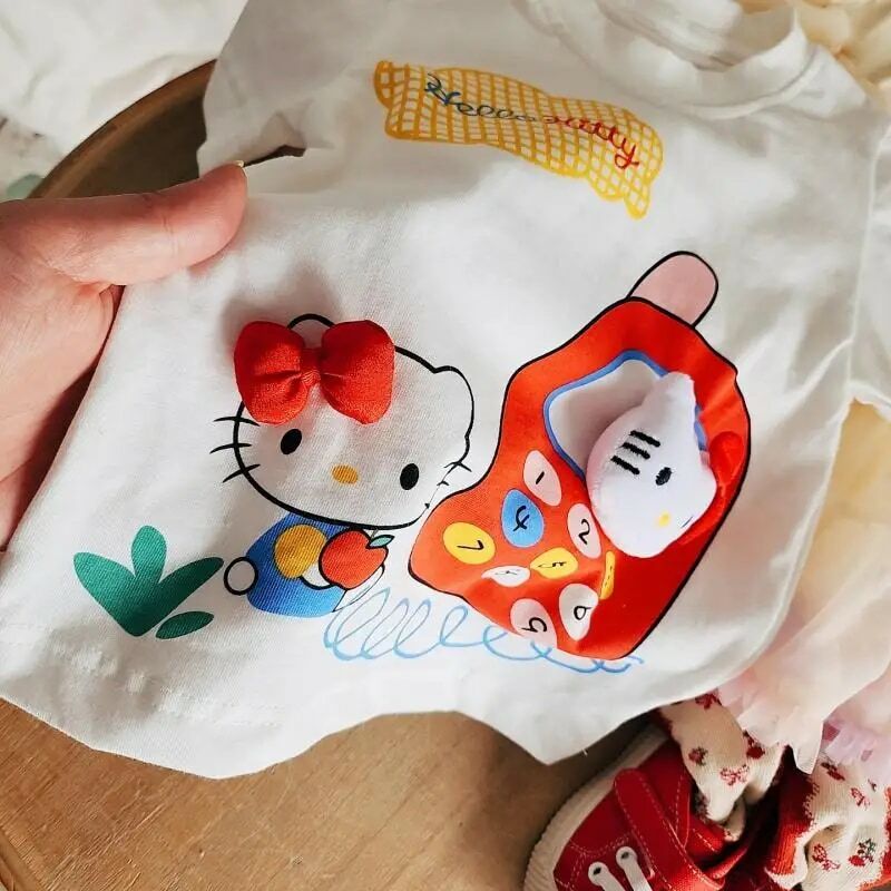 애니메이션 산리오 헬로 키티 어린이 코튼 티셔츠, 귀여운 Kt 고양이 소녀 패션, 반팔 3D 장식 만화 한국 상의 선물