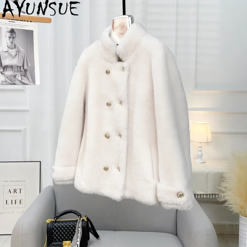 100% AYUNSUE 여성용 양모 코트, 양털 깎기 재킷, 스탠드 칼라 모피 코트, 2024 가을 겨울 패션