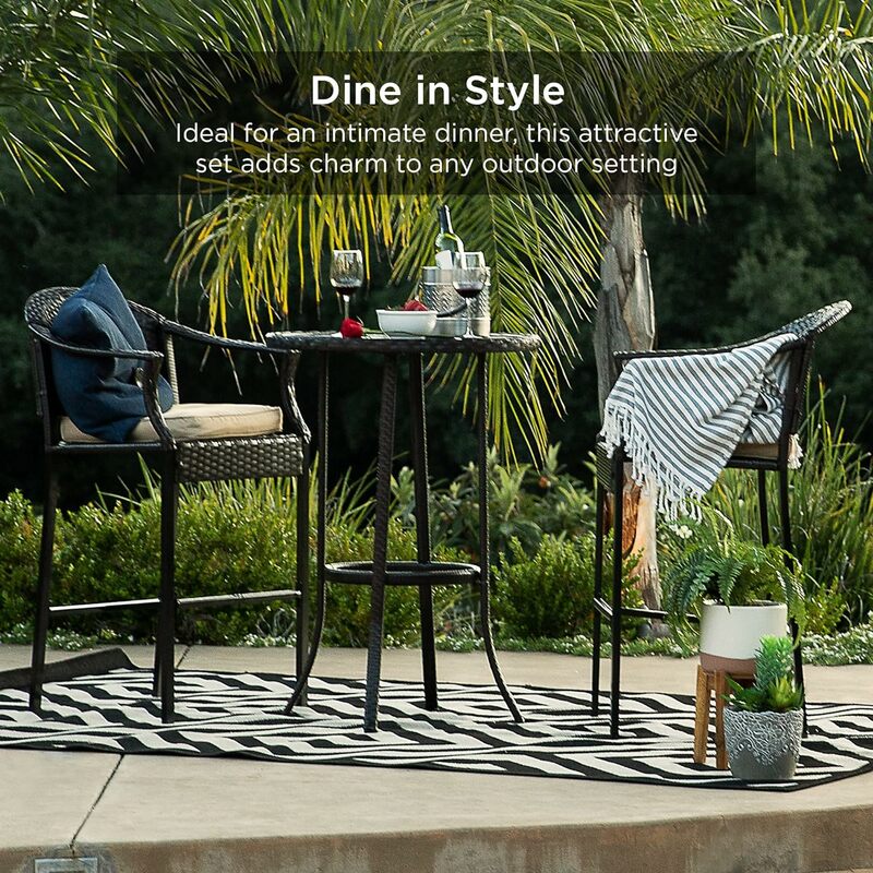 3-częściowy zestaw stołów barowych na patio, meble bistro o wysokości wiklinowej na podwórku, przy basenie, balkon z stołkami barowymi, poduszkami