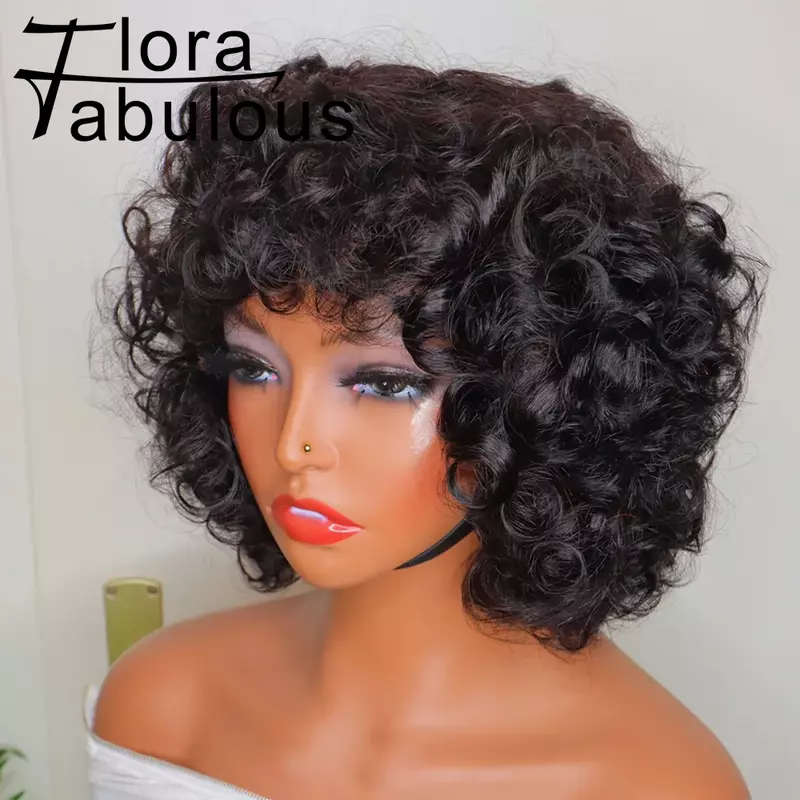 Puszyste dmuchane kręcone ludzkie włosy peruki z grzywką perruques cheveux humains 180% gęstość loków Funmi peruka z krótkim bobem dla czarnych kobiet