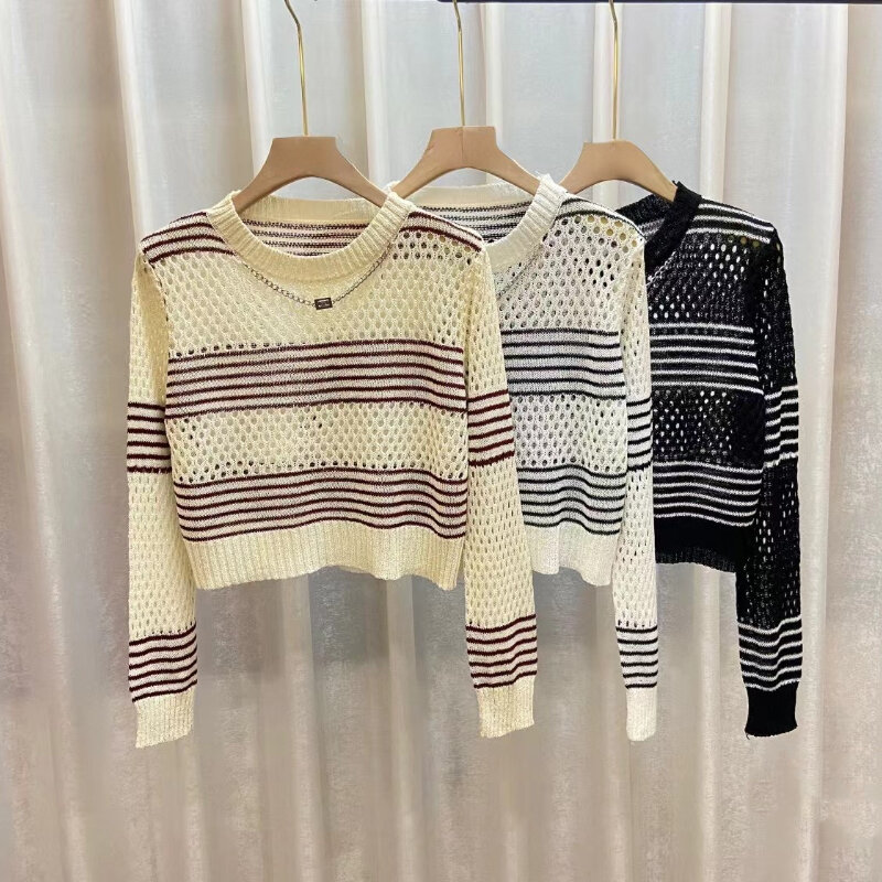 Hollow Out Chain Cropped Pullovers Women Striped Breathable Fall New Arrival Elegant Retro Young Cool Street Mujer Sweater Chic