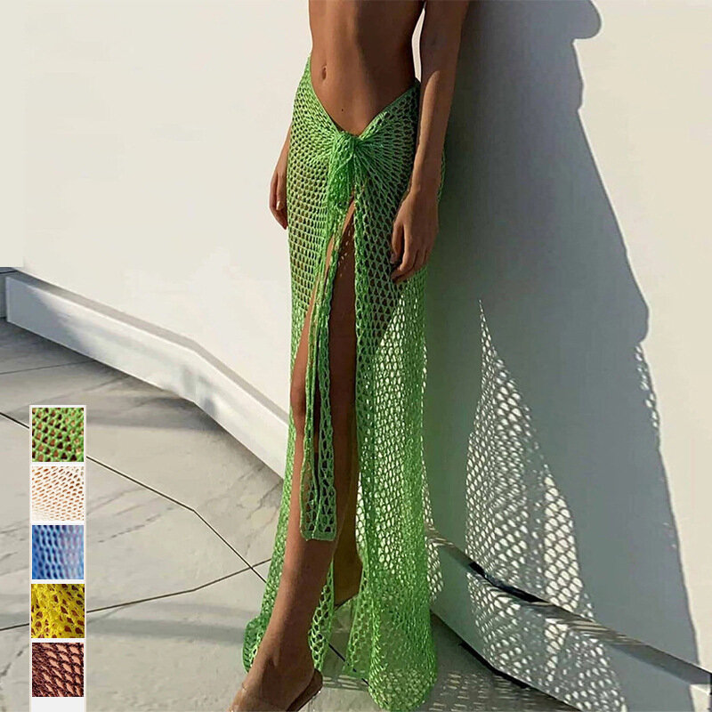 Пляжная накидка-кроше 2023, сексуальное прозрачное платье, вязаные длинные юбки, сетчатая ажурная Облегающая белая юбка миди, женская одежда