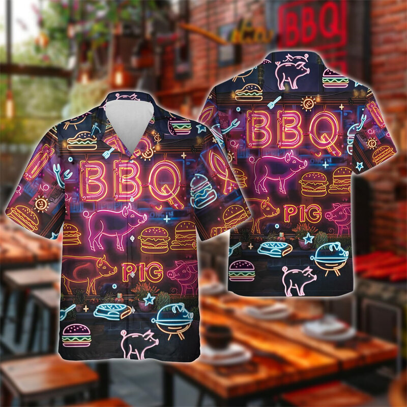Camisas de manga curta masculinas, blusas fofas de porco, blusa de lapela churrasco, tops de churrasco, roupas de festa grill, moda masculina