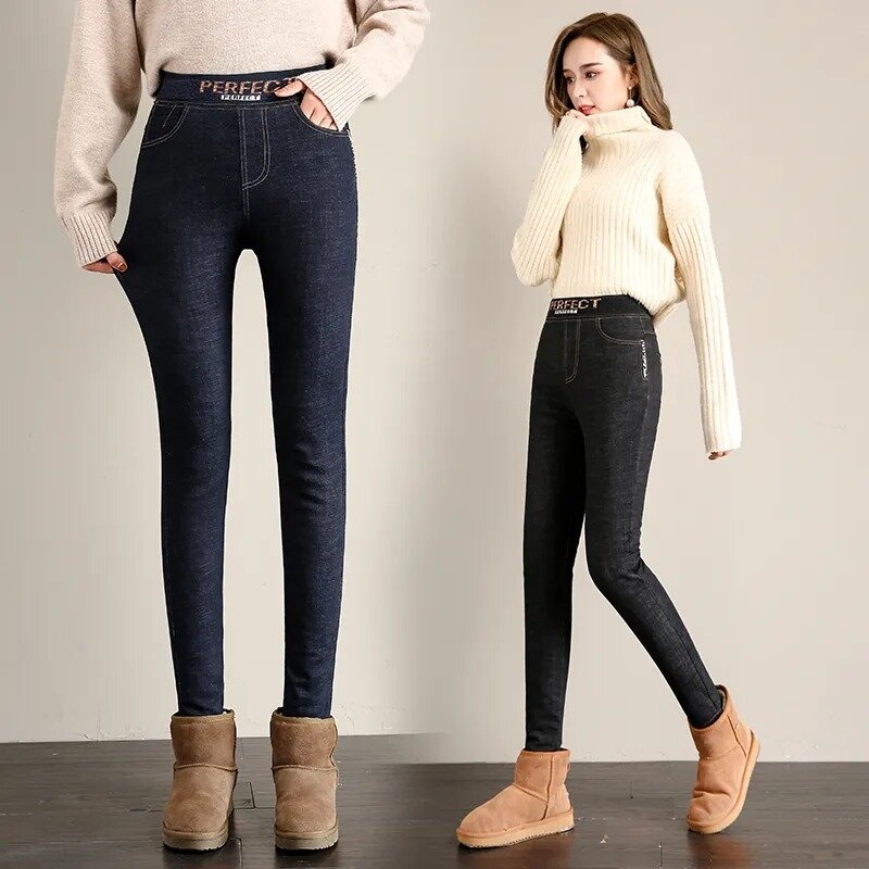 Leggings Vaqueros taille haute en coton optique pour femmes, vêtements de neige de base spinaux, pantalons en denim vintage, jeans skinny doublés de laine, hiver