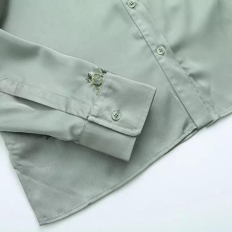 Frauen neue Mode Perlen Dekoration Druck Satin Textur lose Blusen Vintage Langarm Button-up weibliche Hemden schicke Tops