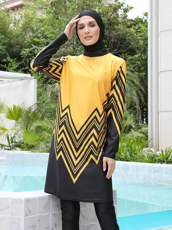 Maiô muçulmano de manga comprida para mulheres, moda de banho Hijab modesta, burkinis islâmicos, roupa de banho completa, 3 peças