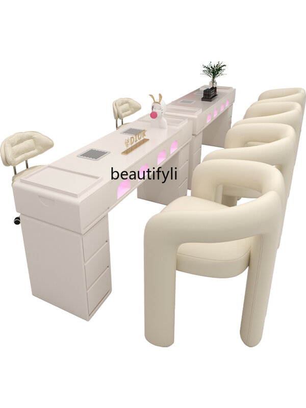 Cream Style Nail Table and Chair Suit Comes with Heating Lamp Vacuum Cleaner Socket Nail Table Stain-Resistant Non-Leaking Gray