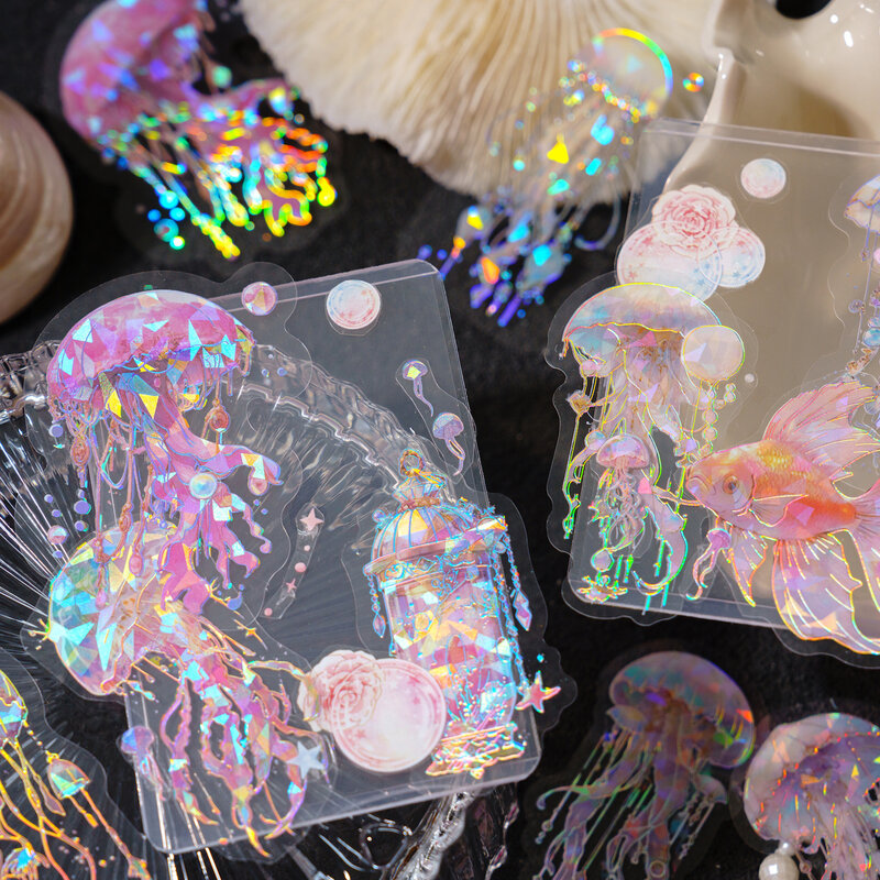 20 pcs Laser sticker package jellyfish series Dreamlike watercolor jellyfish ocean hand tent DIY decorative collage material