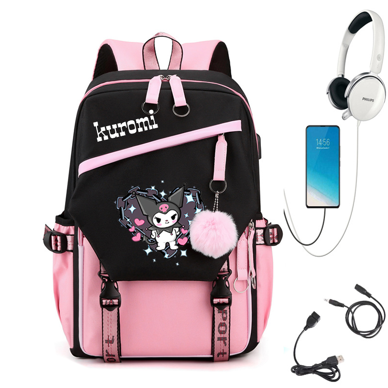 Sanrio กระเป๋าเป้สะพายหลัง Kuromi สำหรับเด็กผู้หญิงเด็กผู้ชายวัยรุ่นเด็กกระเป๋าเป้สะพายหลังชาร์จ USB ได้สำหรับผู้ชายผู้หญิงกระเป๋าโรงเรียนลำลอง