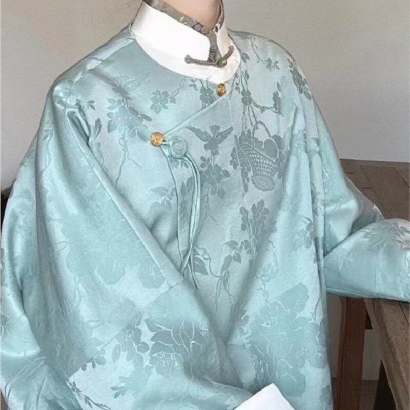 Neue chinesische Frauen blau bedruckten Mantel nationalen Stil Retro Temperament diagonal Knoten Knopf oben