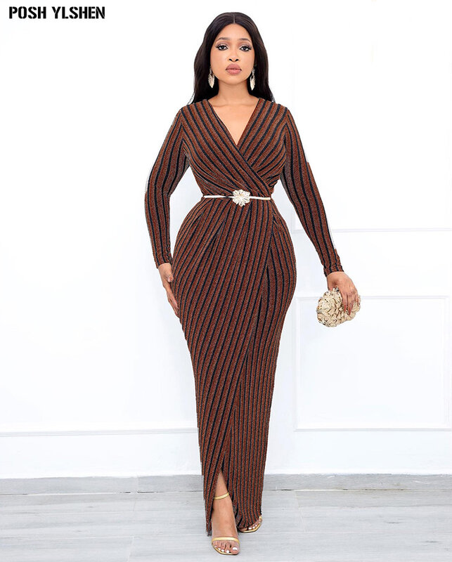 Filigree gaun bergaris Afrika untuk wanita 2024 gaun Bodycon panjang elegan baru pakaian wanita Afrika jubah belahan tinggi kerah v seksi