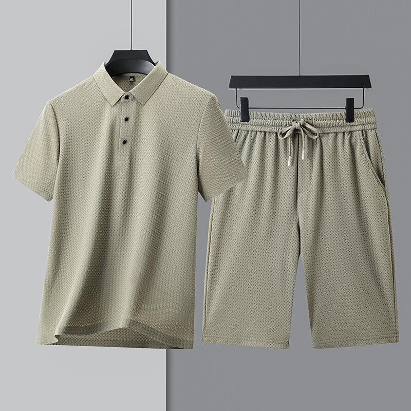 Conjunto de camisa polo e shorts de seda gelo sem costura masculina, camiseta respirável, terno casual, negócios de verão, conjunto 2 peças