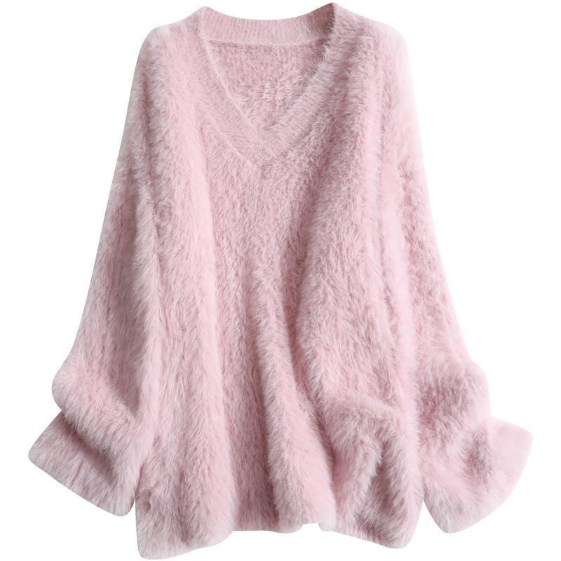 Hot Selling Fashion Women Solid Color V Neck Long Sleeve Sweater Loose Knit Pullover Clothing 2023 New Pull Femme T284