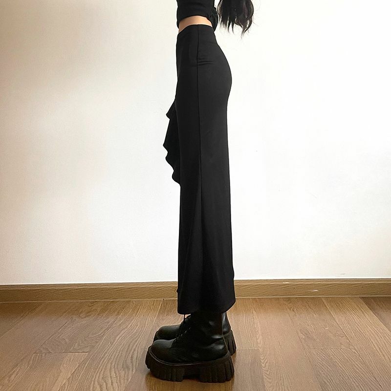 Deeptown-Jupes longues gothiques noires pour femmes, taille haute, à volants punk, jupes irrégulières fendues midi sexy, streetwear féminin, batterie con Y2K