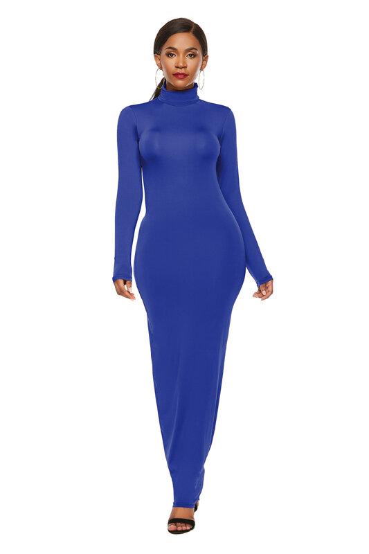 Fashion Solid Color Long Sleeve Dress Long Sleeve Stretch Fitting High Neck Dress Women Dress