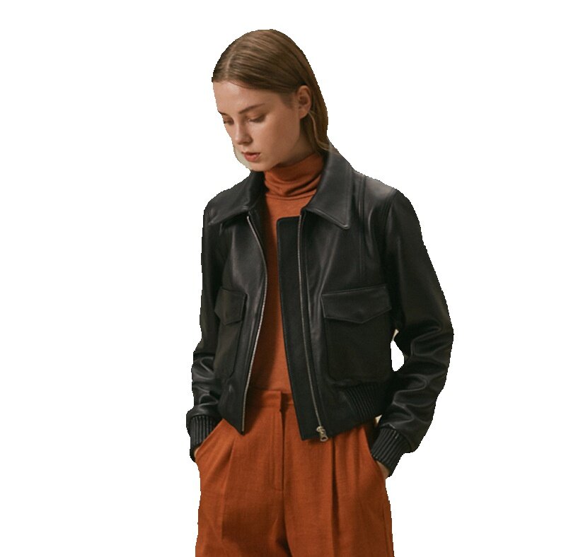 Women's Sheepskin Leather Jacket, Short Slim Fit Baseball Leather Jacket, Minimalist Casual Jacket