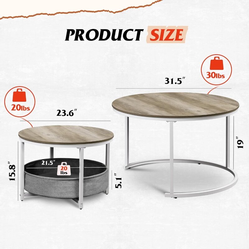 Table gigogne ronde pour salon, cadre en métal moderne, panier en tissu, tables de salon, conception de café, 32 po