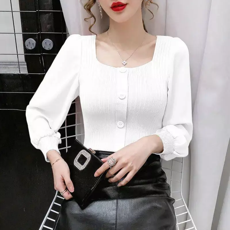 Long sleeved slim underwear for women with spring and autumn square collar puffs
