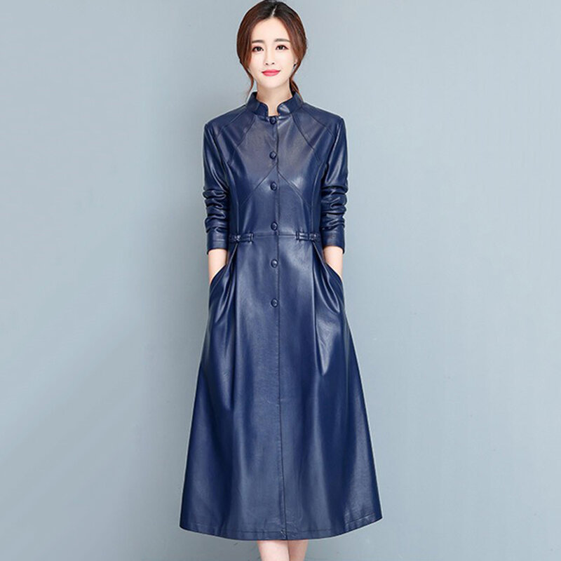 New Women Casual Long Leather Coat Autumn Winter Fashion Trend Small Stand Single Breasted Slim Split Leather Trench Coat
