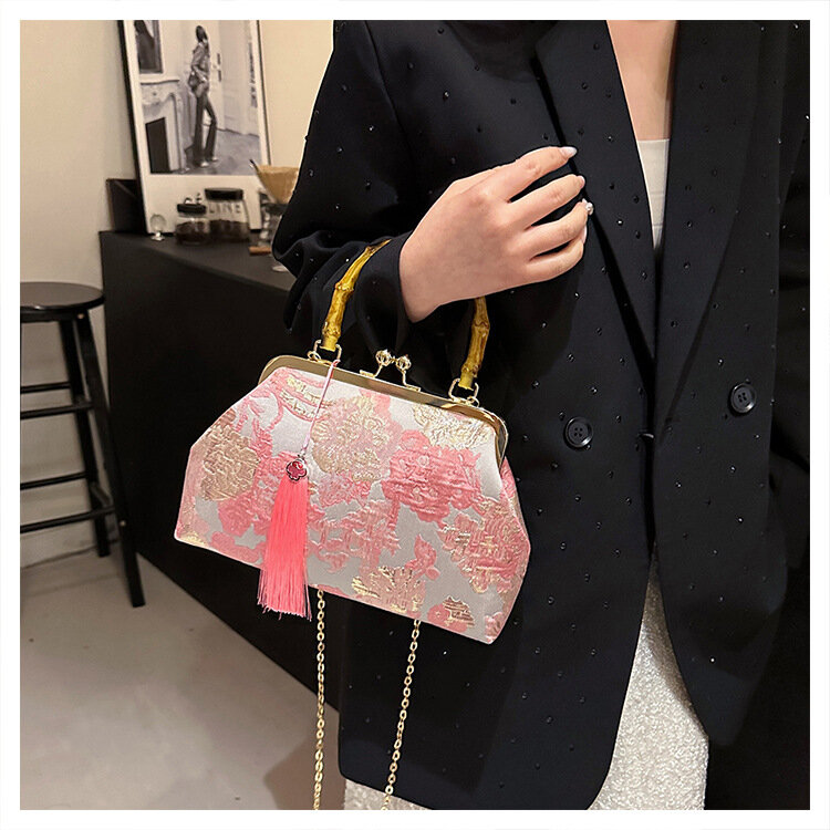Trendy Chinese Style Evening Bags For Women Embroidered Tassel Bamboo Joint Handbags Gold Color Chain Shoulder Bag Clutches 2024