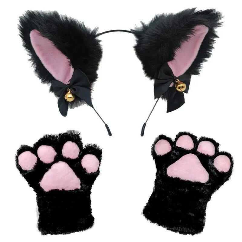 Juego de guantes de pata de gato para baile de graduación, tocado de orejas de gato para Halloween, disfraz de fiesta de Anime, tocado de campana, 2 unidades