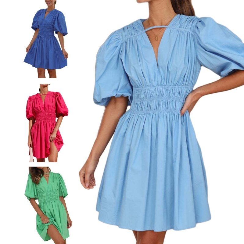 N7YD Women's Summer V Neck Short Puff Sleeve Mini Dress  Smocked Waist Short Dress Dopamine Wear A line Dress Gifts