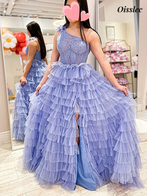 Oisslec Quinceanera ubiera się na jedno ramię ślubna aplikacja na sukienkę suknia druhna z rozcięciem sukienka na studniówkę warstwowa spódnica dostosowana