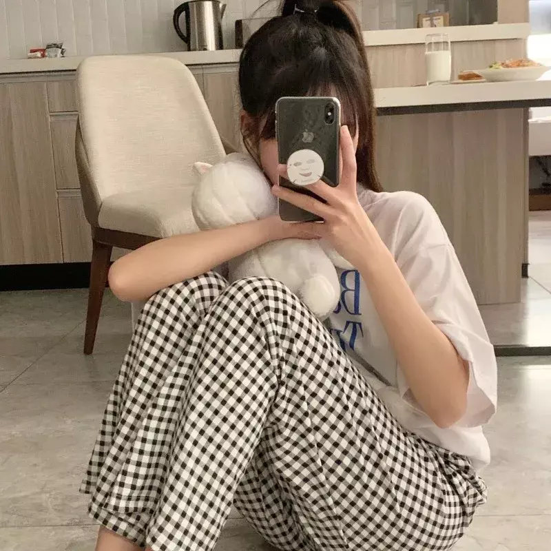 Pijama xadrez estilo coreano feminino, fundo do sono, comprimento do tornozelo, elástico na cintura, roupa de dormir, quarto de casa, verão