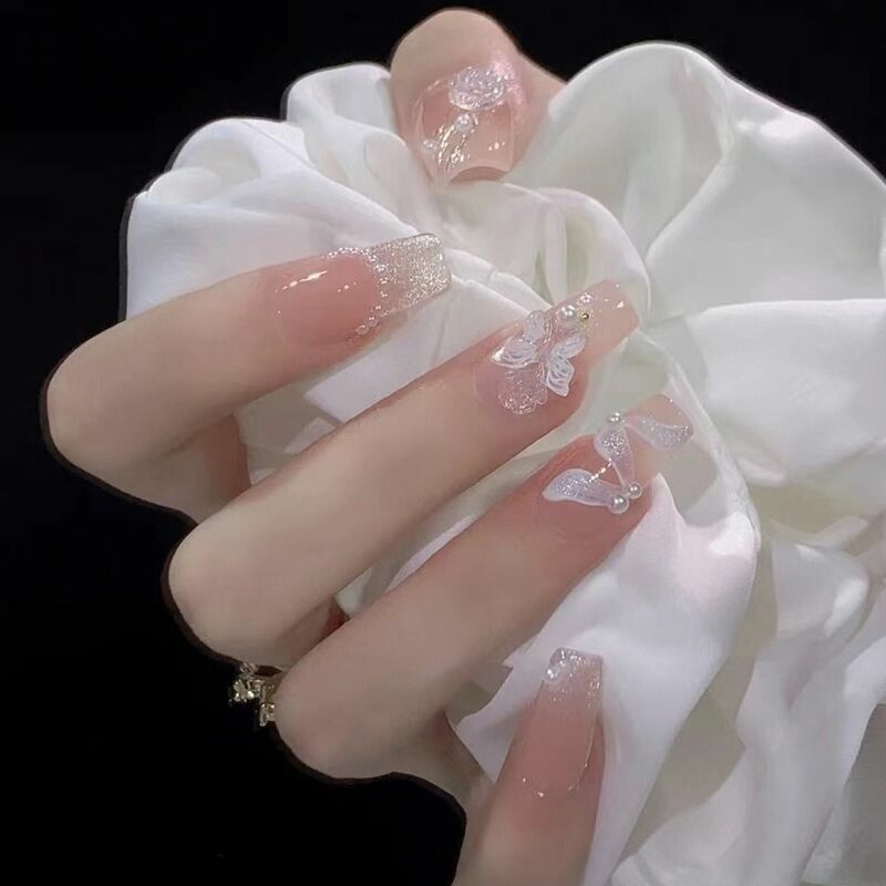 24 pçs dicas de unhas diy manicure falso nials cristal branco flores francês unhas falsas longballerina