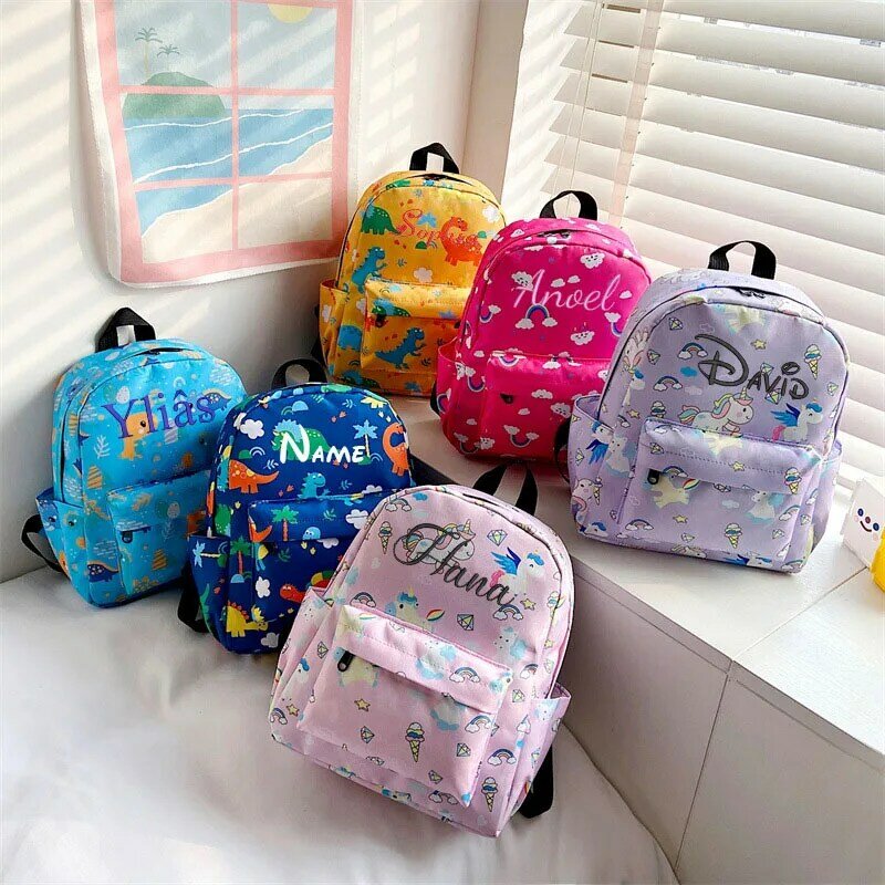 Mochila bordada personalizada para crianças, mochila leve para crianças pré-escolares, mochila de viagem fofa dos desenhos animados para meninos e meninas