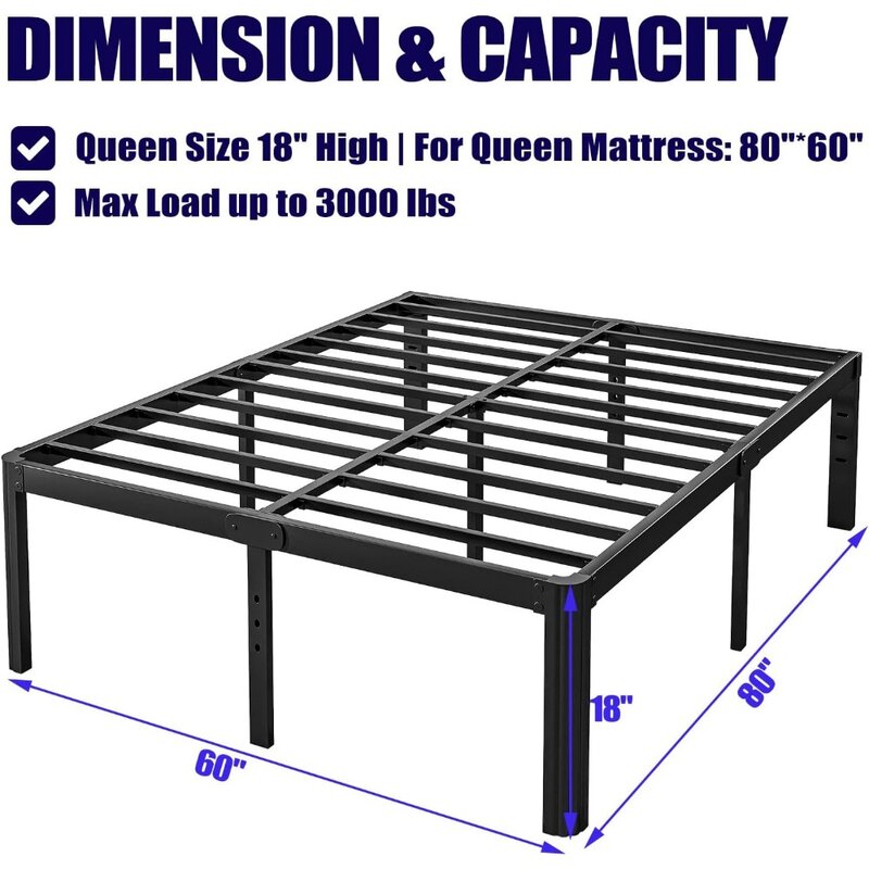 18in High Queen Bed Frame No Box Spring Needed, Heavy Duty Metal Platform Bed Frame Queen Size with Round Corners,  Black