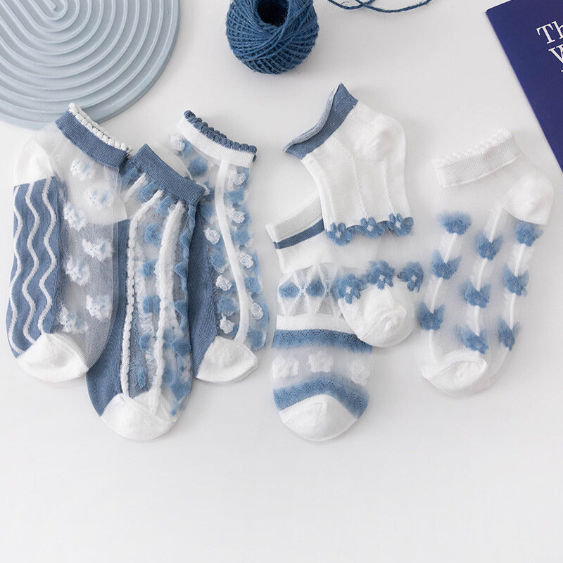 InjSocks-Chaussettes d'été pour femmes, dentelle de rinçage ultra-mince, fibre de verre transparente pour filles, mode, fleurs bleues, style Harajuku mignon, 8 paires par lot