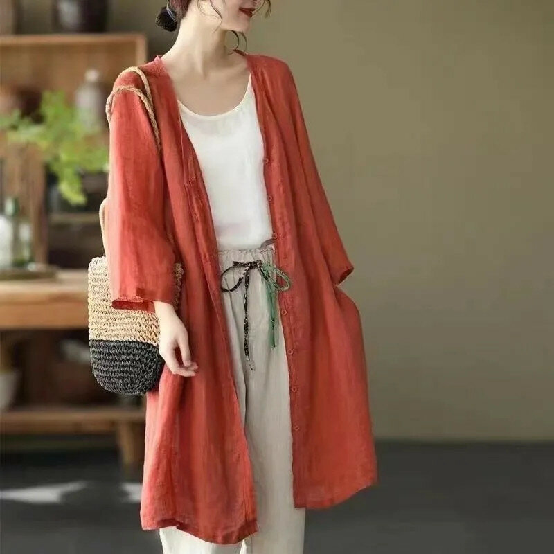 Women's Cotton And Linen Cardigan Coat Sun Protection Medium Length Jacket 2024 Summer New Retro Loose Air Conditioned Shirt