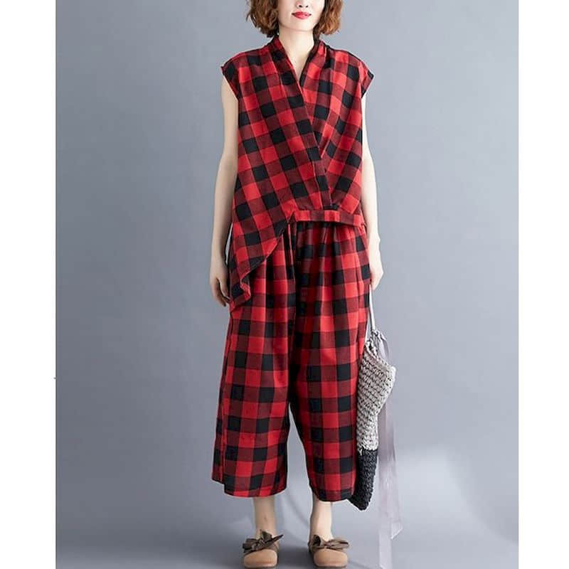 Casual Pants Set Loose Vintage Plaid Sleeveless V-neck Vests and Harem Pants Summer Korean Style Two Piece Sets Women Outfits