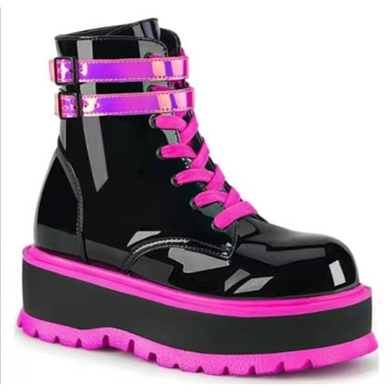 2024Colorful Ankle Boots for Women Punk Patent Leather Boots Platform Sexy Women Boots Winter Fashion Ladies Shoes