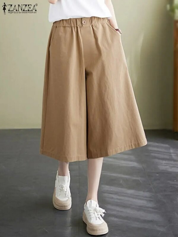 Tasche solide da donna Pantalon ZANZEA pantalone coreano a gamba larga 2024 estate elastico in vita Capris pantaloni corti larghi Vintage a vita alta