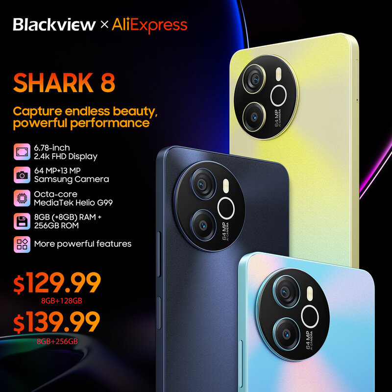 Blackview SHARK 8 언락 스마트폰, 안드로이드 13 휴대폰, Helio G99, 16GB, 128GB, 256GB, 6.78 인치, 2.4K 디스플레이, 64MP 핸드폰 NFC